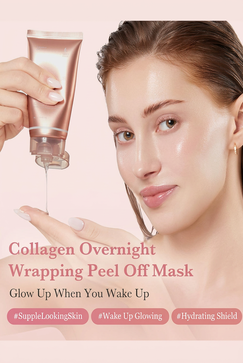 Model holding Medicube Collagen Night Wrapping Mask with supple-looking skin messaging